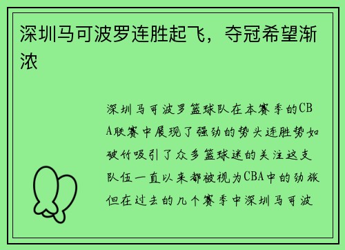 深圳马可波罗连胜起飞，夺冠希望渐浓